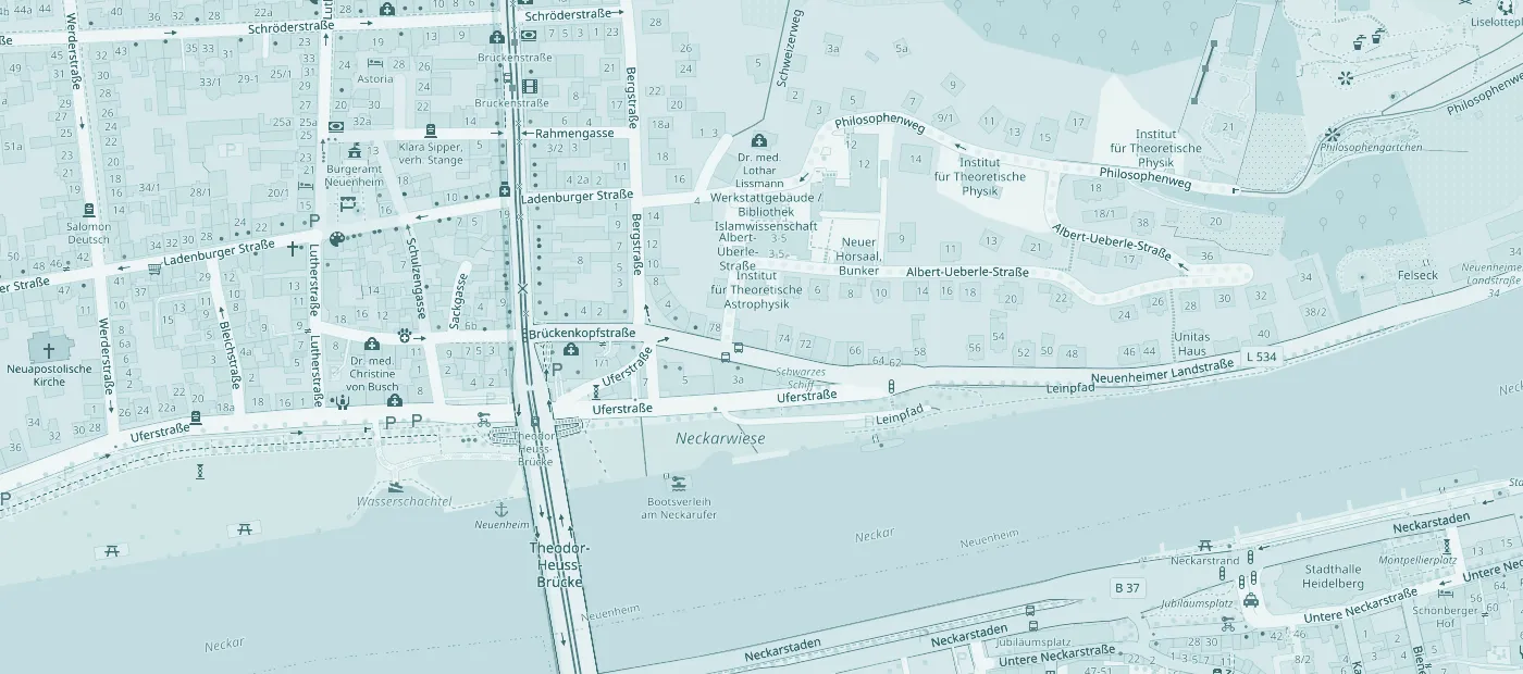 Karte von Heidelberg-Neuenheim: Die Naturheilpraxis Leila Gengenbach liegt in der Neuenheimer Landstraße 76 am Neckar, nahe der Theodor-Heuss-Brücke
